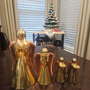 VINTAGE Elegant Gold and Copper Angel Figurine Candlestick Holder Set Christmas